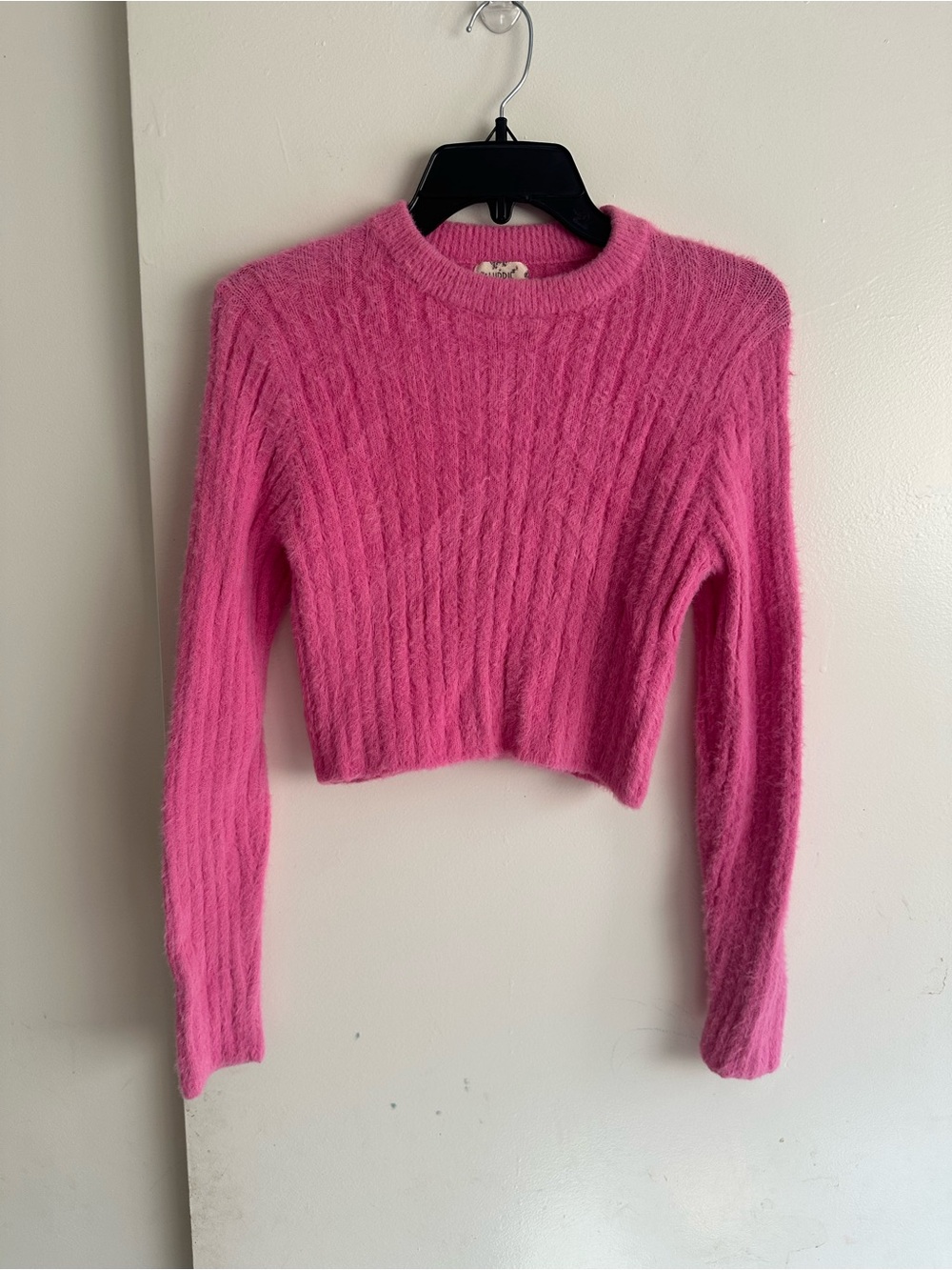 Hippie Rose Hot Pink Cropped Ribbed Crewneck Sweater
